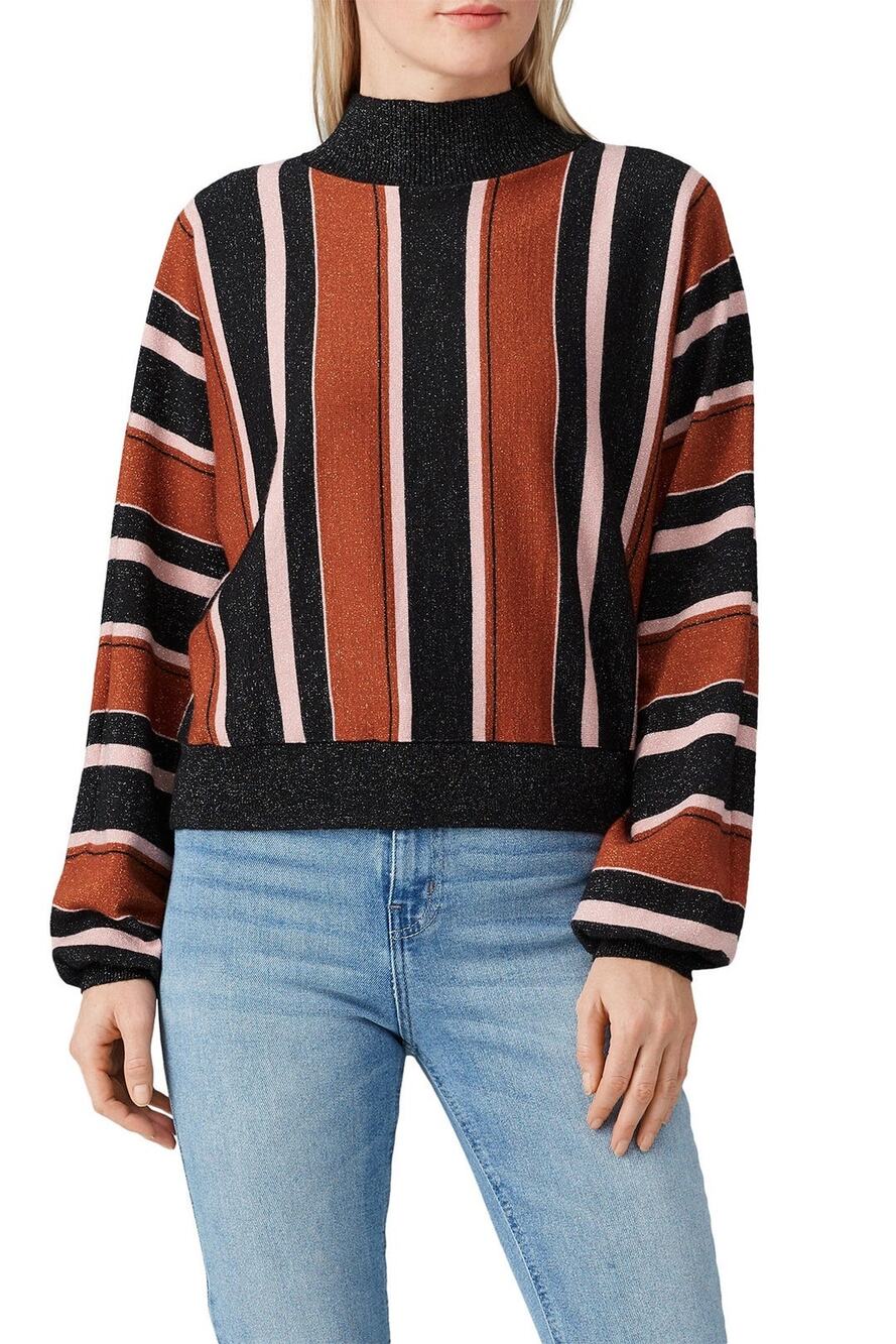 MinkPink Sz Small Orange Pink Black A Touch of Magic Striped Mock Neck Sweater